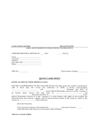 Picture of Hawaii Quitclaim Deed for Joint Ownership
