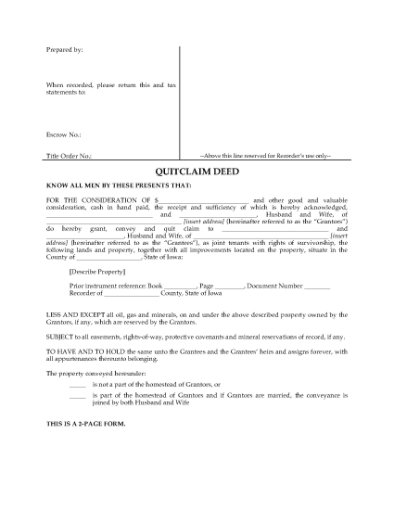Picture of Iowa Quitclaim Deed for Joint Ownership