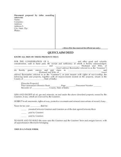 Picture of Idaho Quitclaim Deed for Joint Ownership
