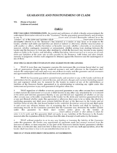 Alberta Guarantee and Postponement of Claim