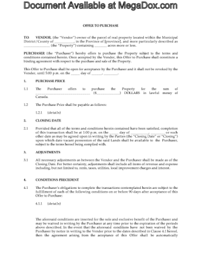 Picture of Offer to Purchase Controlled Land | Canada