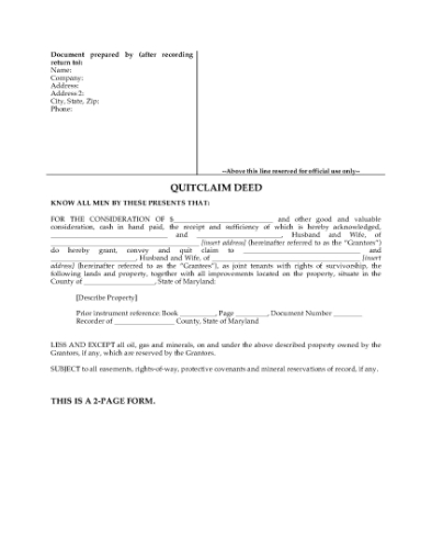 Picture of Maryland Quitclaim Deed for Joint Ownership