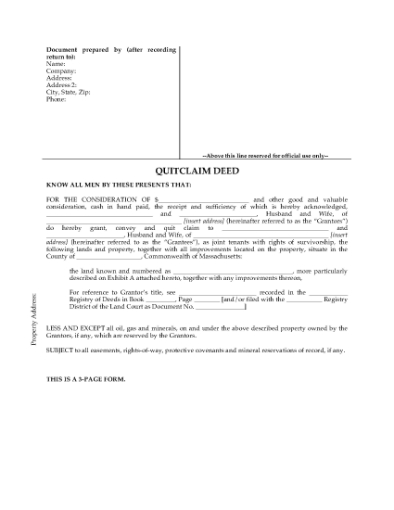 Picture of Massachusetts Quitclaim Deed for Joint Ownership