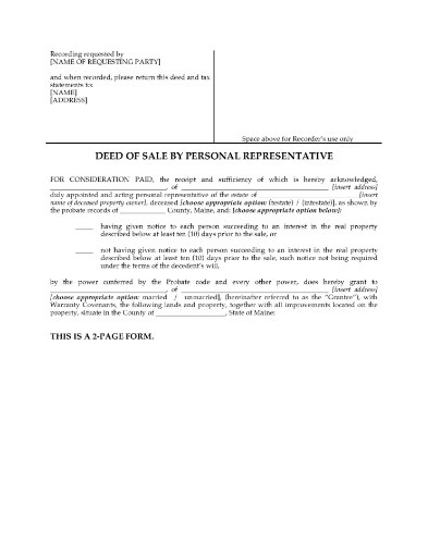 Maine Deed of Sale by Personal Representative