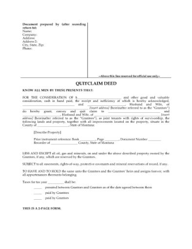 Picture of Montana Quitclaim Deed for Joint Ownership