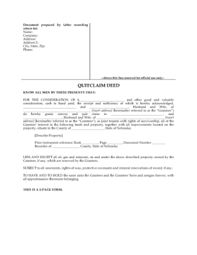 Picture of Nebraska Quitclaim Deed for Joint Ownership