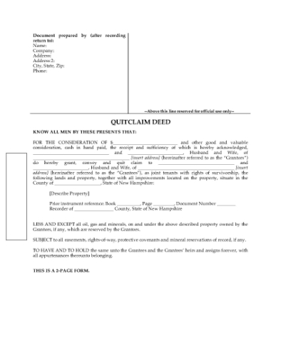 Picture of New Hampshire Quitclaim Deed for Joint Ownership
