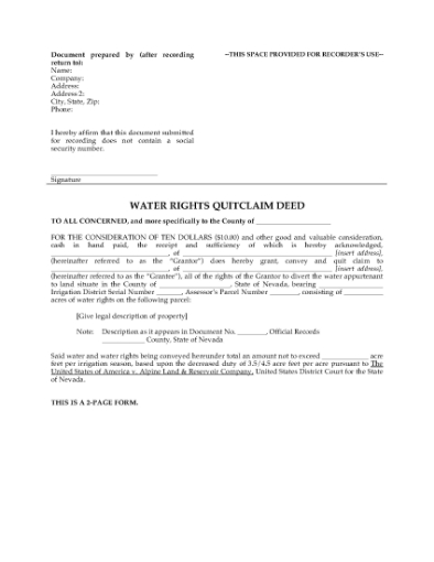 Picture of Nevada Water Rights Quitclaim Deed