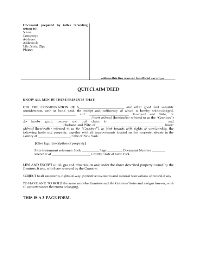 Picture of New York Quitclaim Deed for Joint Ownership