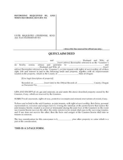 Picture of Oregon Quitclaim Deed for Joint Ownership