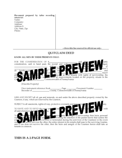 Picture of Pennsylvania Quitclaim Deed for Joint Ownership