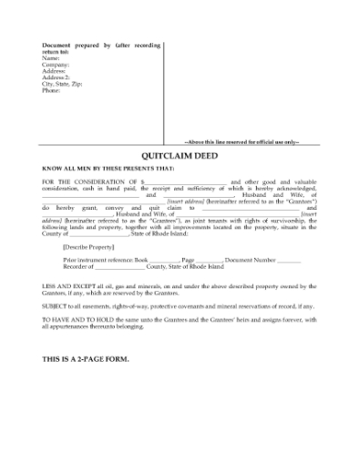 Picture of Rhode Island Quitclaim Deed for Joint Ownership