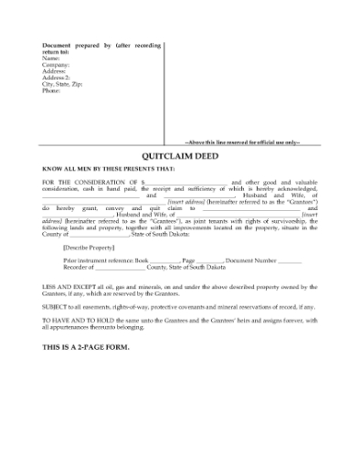 Picture of South Dakota Quitclaim Deed for Joint Ownership