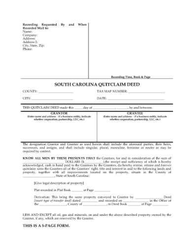 Picture of South Carolina Quitclaim Deed for Joint Ownership
