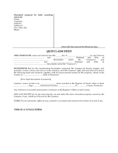 Picture of Tennessee Quitclaim Deed for Joint Ownership