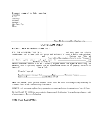 Picture of Utah Quitclaim Deed for Joint Ownership