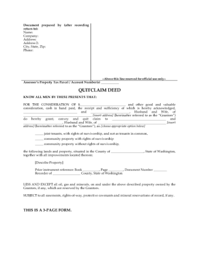 Picture of Washington Quitclaim Deed for Joint Ownership