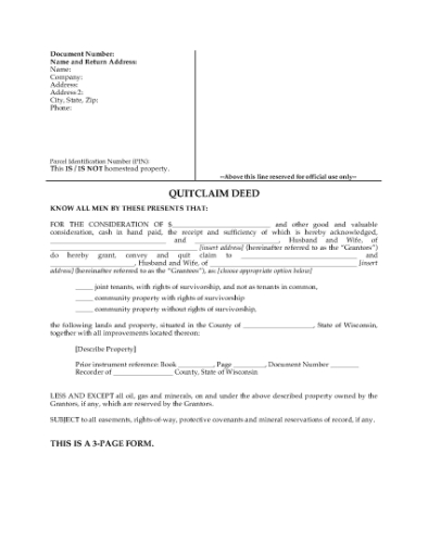Picture of Wisconsin Quitclaim Deed for Joint Ownership