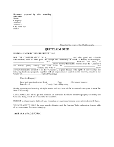 Picture of Wyoming Quitclaim Deed for Joint Ownership
