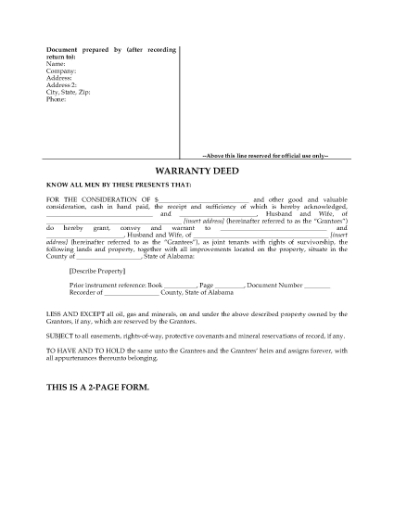 Picture of Alabama Warranty Deed for Joint Ownership