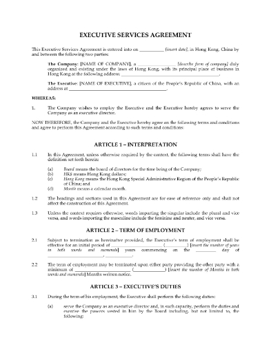 Hong Kong Executive Services Agreement