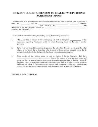 Picture of Maine Kick-Out Clause Addendum to Real Estate Purchase Agreement