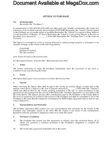 Picture of Option to Purchase Land | Canada
