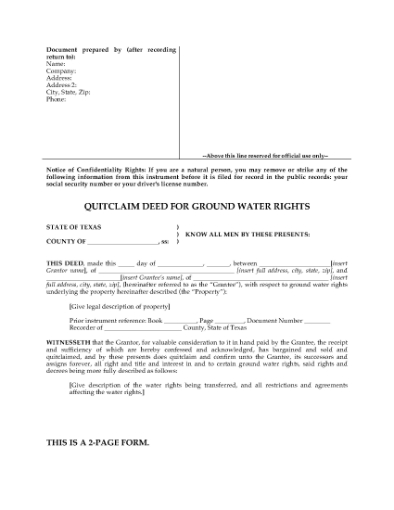 Picture of Texas Quitclaim Deed for Ground Water Rights