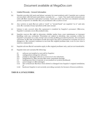 Picture of Limited Warranty for Computer Hardware