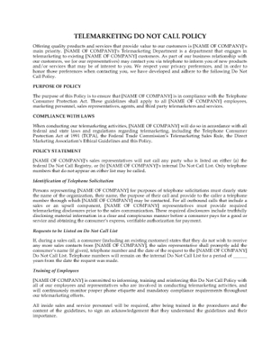 Picture of Telemarketing Do Not Call Policy