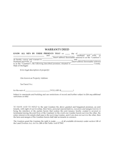 Picture of Michigan Warranty Deed for Joint Ownership