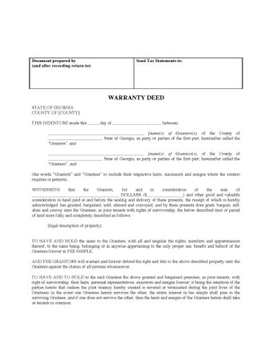 Picture of Georgia Warranty Deed for Joint Ownership