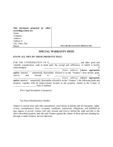Picture of Indiana Special Warranty Deed