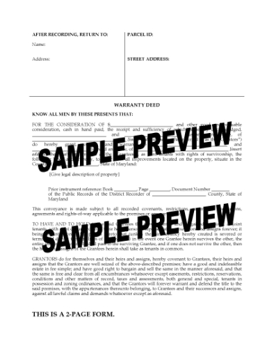 Picture of Maryland Warranty Deed for Joint Ownership