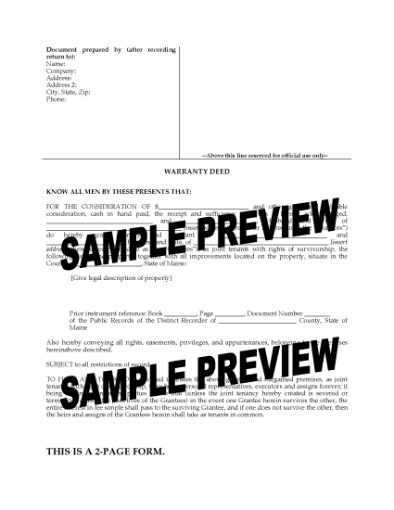 Picture of Maine Warranty Deed for Joint Ownership