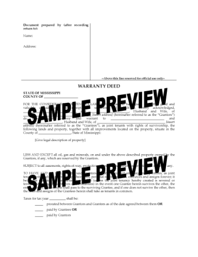 Picture of Mississippi Warranty Deed for Joint Ownership