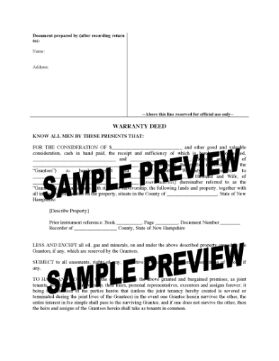 Picture of New Hampshire Warranty Deed for Joint Ownership