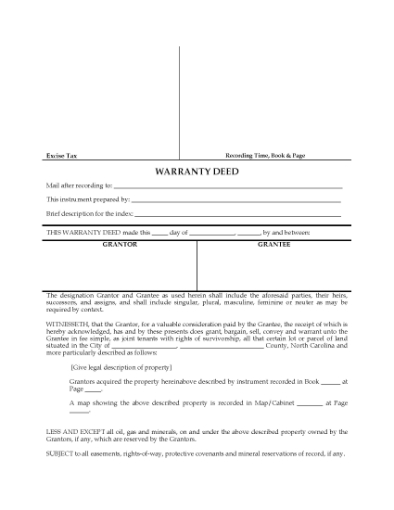 Picture of North Carolina Warranty Deed for Joint Ownership