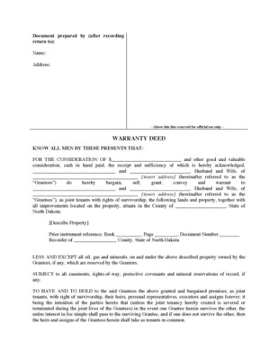 Picture of North Dakota Warranty Deed for Joint Ownership