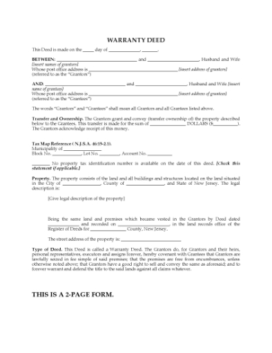 Picture of New Jersey Warranty Deed for Joint Ownership