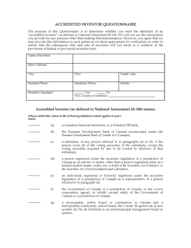 Picture of Accredited Investors Checklist and Representation Letter | Canada