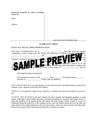 Picture of Oklahoma Warranty Deed for Joint Ownership