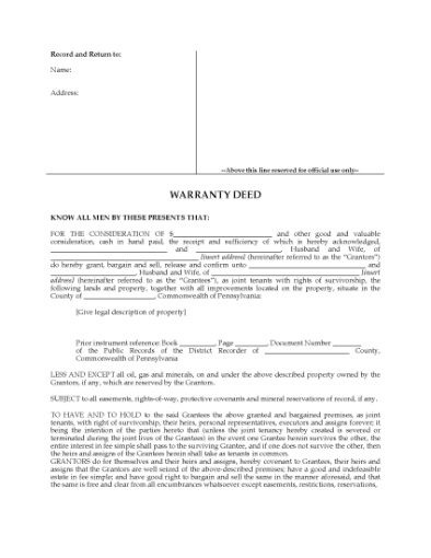 Picture of Pennsylvania Warranty Deed for Joint Ownership