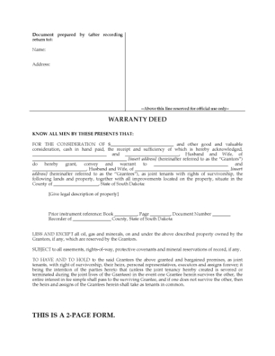 Picture of South Dakota Warranty Deed for Joint Ownership