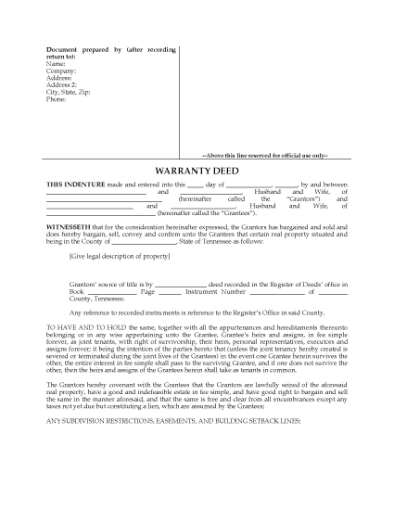 Picture of Tennessee Warranty Deed for Joint Ownership