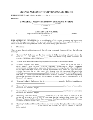 Picture of License Agreement for Video Game Rights