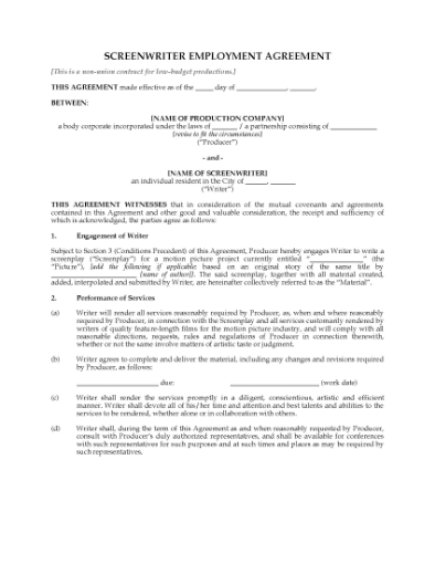 Picture of Screenwriter Employment Agreement (non-union) | USA
