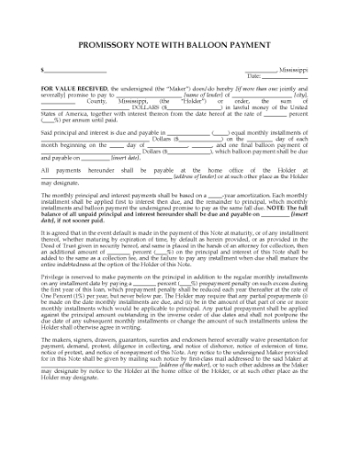 Picture of Mississippi Balloon Promissory Note