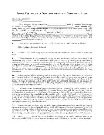 Picture of Mississippi Certificate of Corporate Borrower