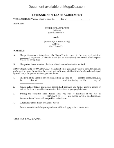 Colorado Extension of Lease Form (Residential)